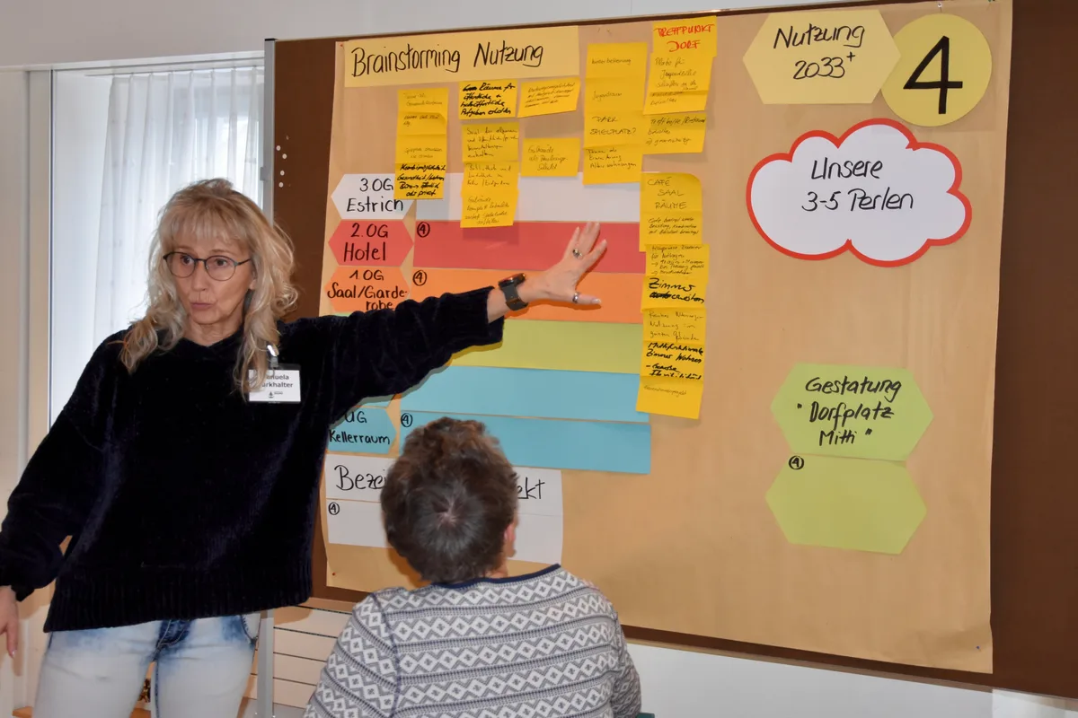 Eine Frau zeigt auf eine Pinnwand mit vielen Zetteln. 